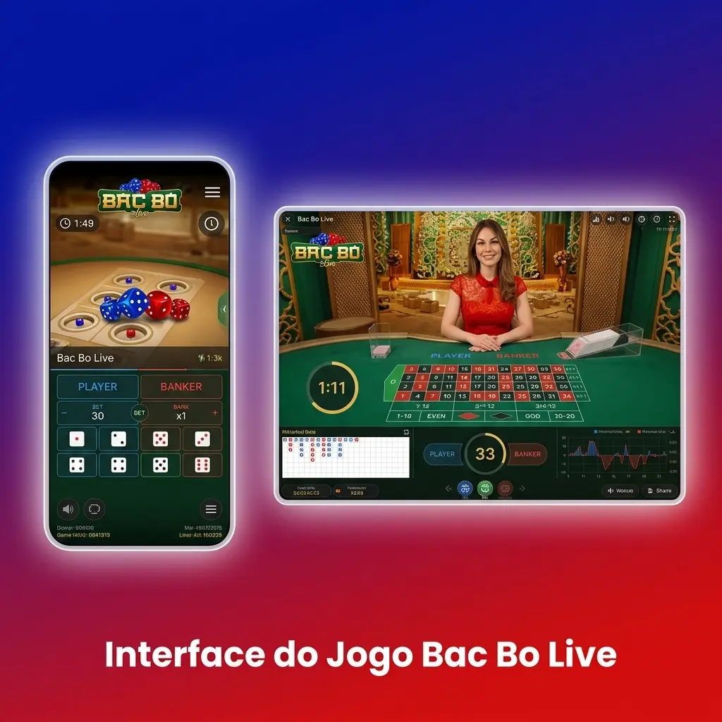 Interface da mesa do Bac Bo Live com campos de aposta e painel de chips